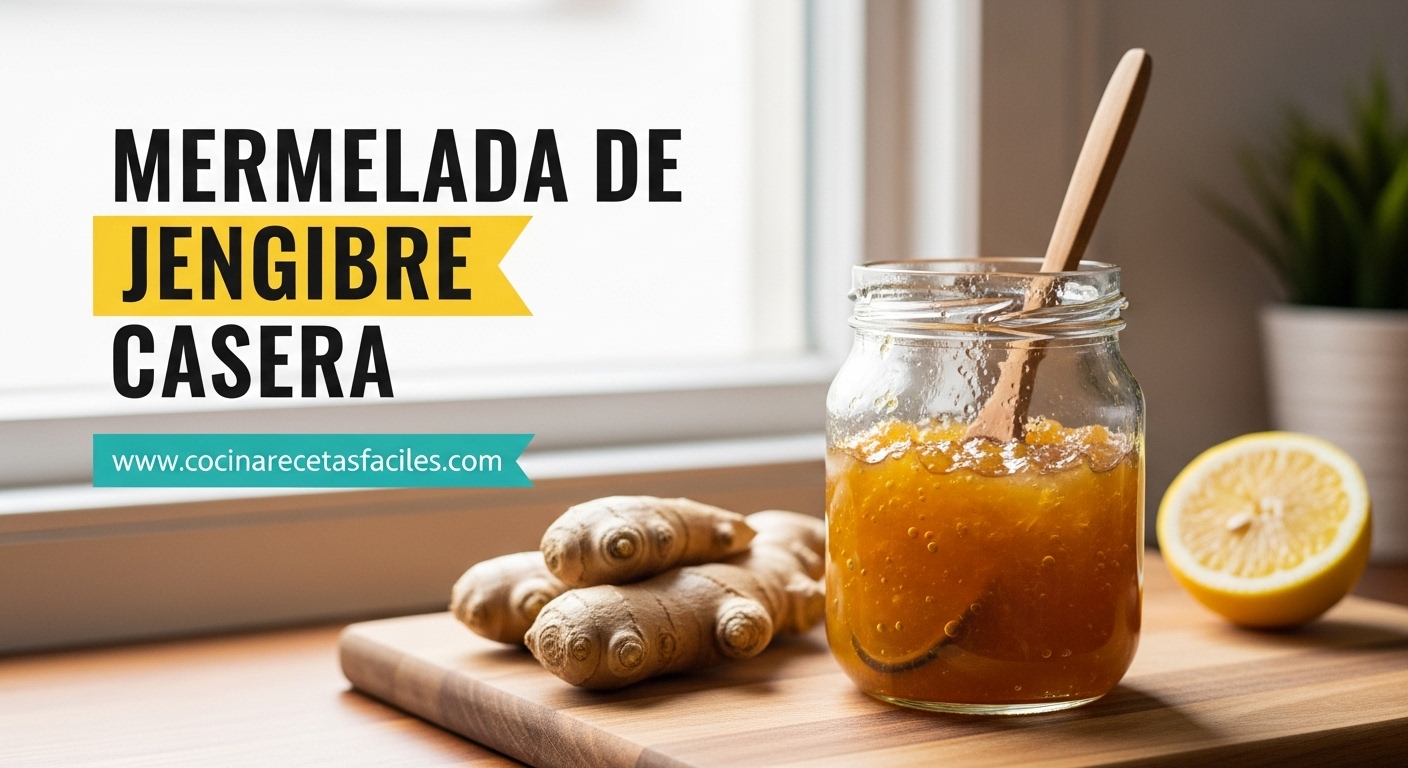 Frasco de mermelada de jengibre casera artesanal con ingredientes frescos sobre mesa de madera rústica
