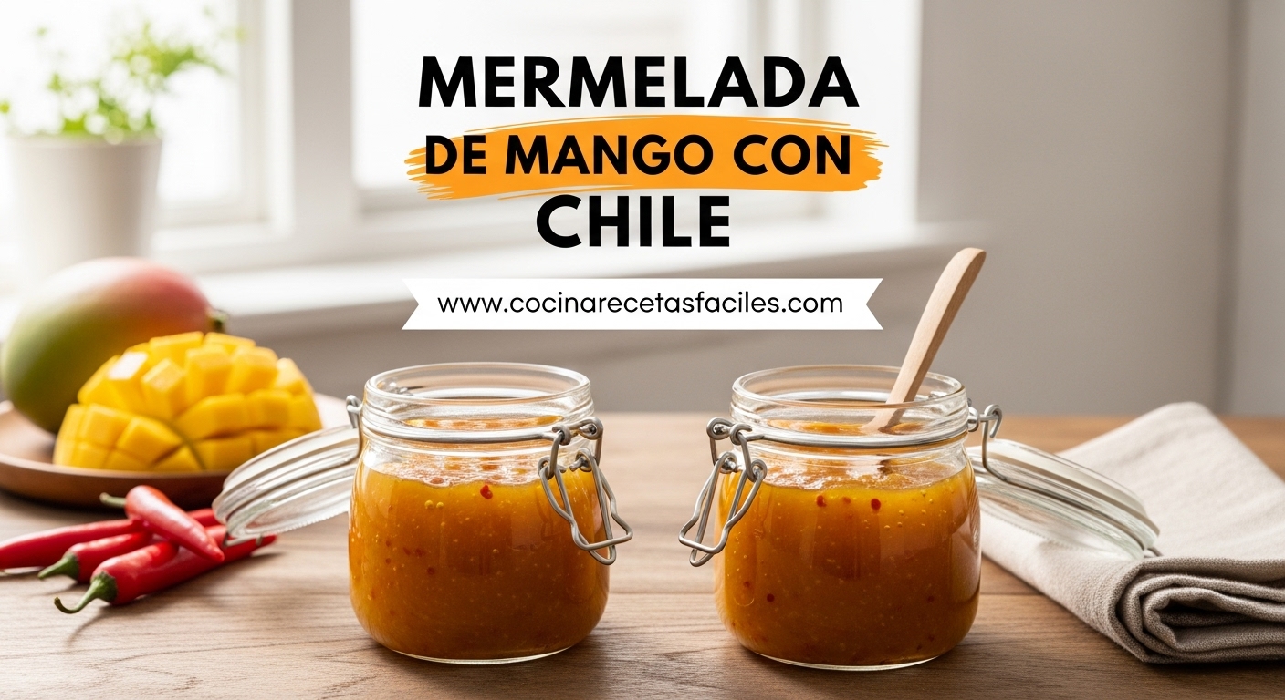 Mermelada de mango con chile casera en frascos de vidrio sobre mesa de madera rústica con mangos frescos y chiles rojos, luz natural suave