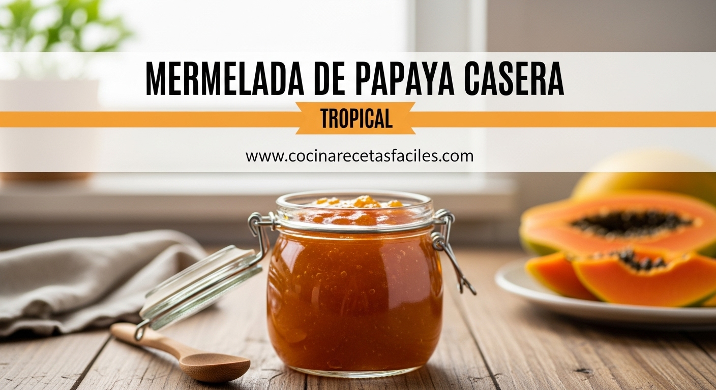 Mermelada de papaya casera en frasco de vidrio sobre mesa de madera con luz natural, mostrando su textura brillante color ámbar y papaya fresca al fondo
