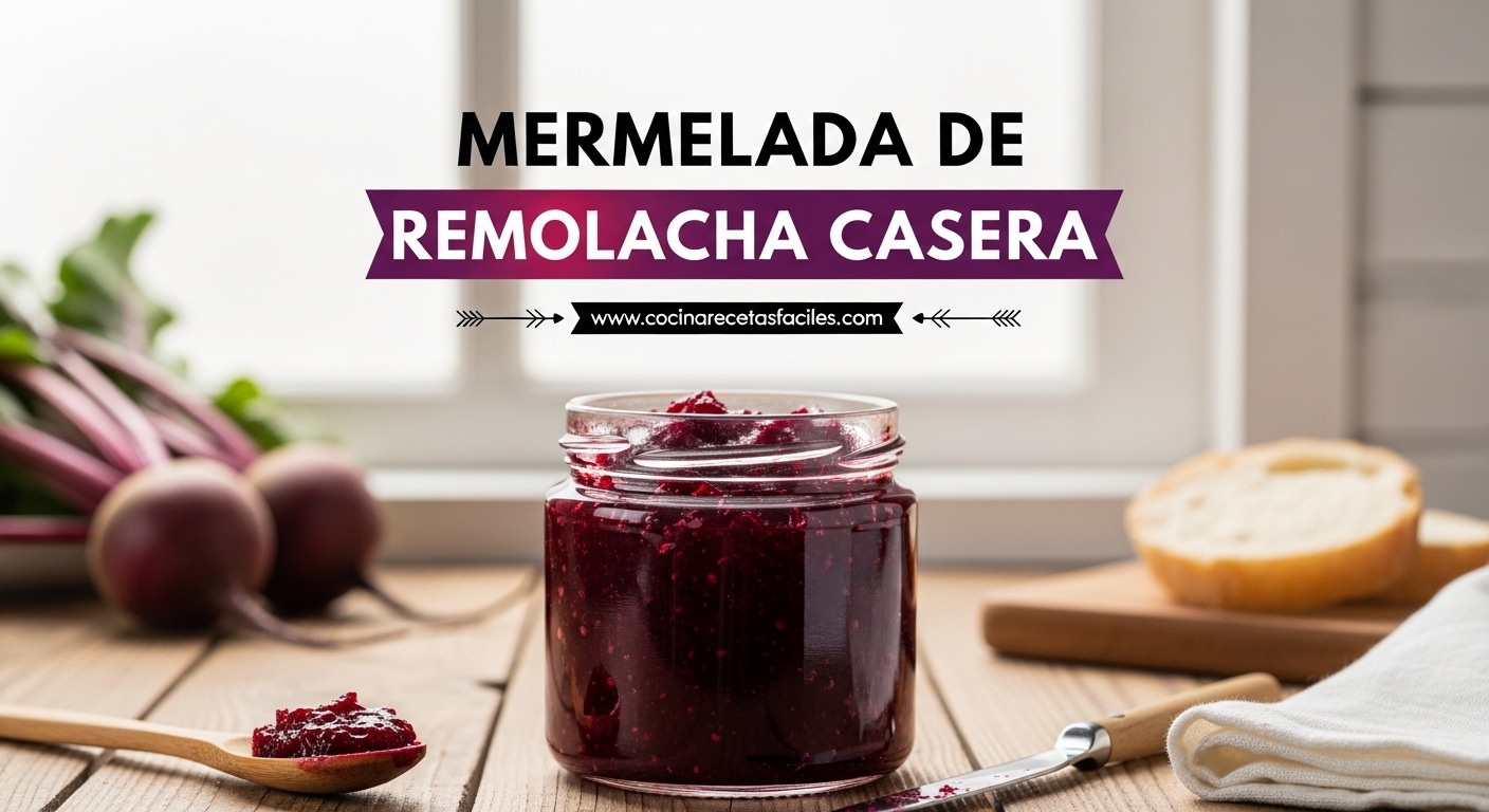 Frasco de vidrio con mermelada casera de remolacha de color rubí intenso sobre mesa de madera rústica, con remolachas frescas de fondo y luz natural