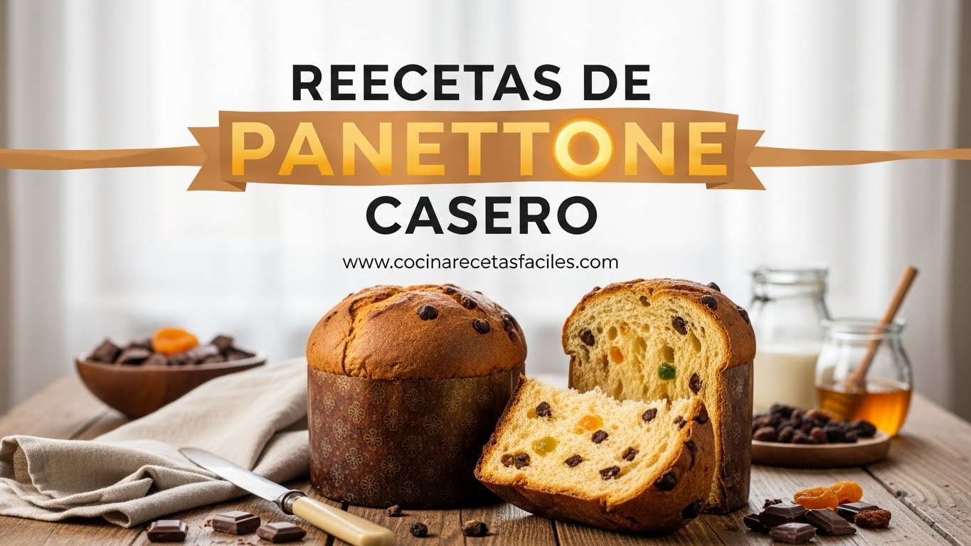 Dos panettones caseros sobre mesa de madera junto a ventana con luz natural, uno entero envuelto en papel tradicional y otro cortado mostrando textura esponjosa con frutas confitadas y chips de chocolate