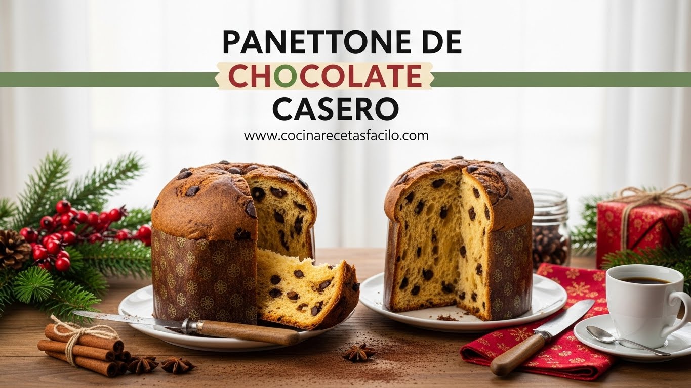 Panettone de chocolate casero navideño sobre mesa de madera decorada con ramas de pino y adornos festivos mostrando su interior esponjoso con trozos de chocolate