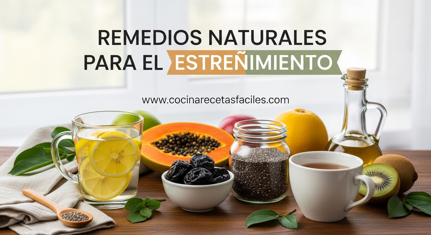 Mesa de madera con remedios naturales para el estreñimiento incluyendo agua con limón, ciruelas pasas, semillas de chía, aceite de oliva e infusión de hierbas junto a frutas frescas