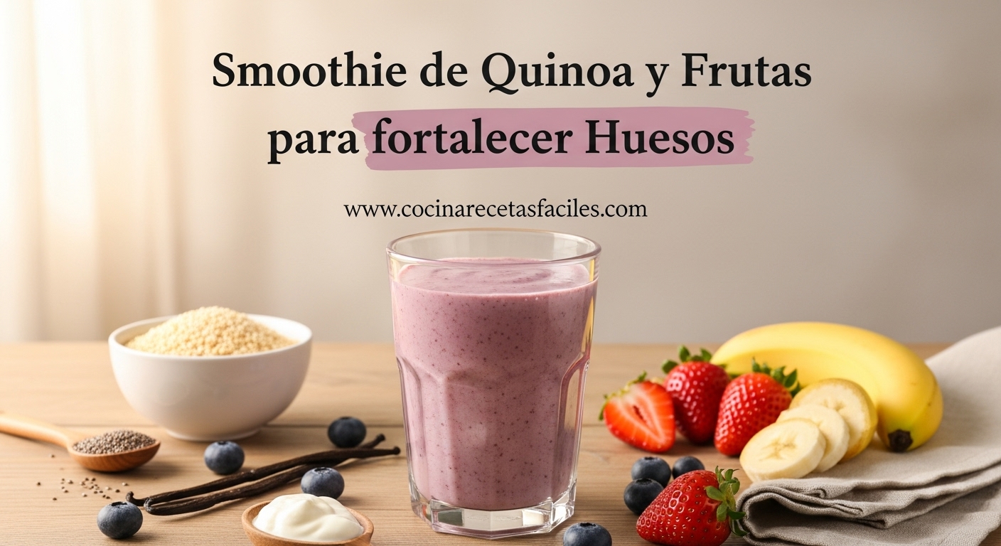 Smoothie cremoso de quinoa cocida, plátano, fresas y arándanos servido en vaso alto con toppings de fruta fresca sobre mesa de madera con luz natural suave.