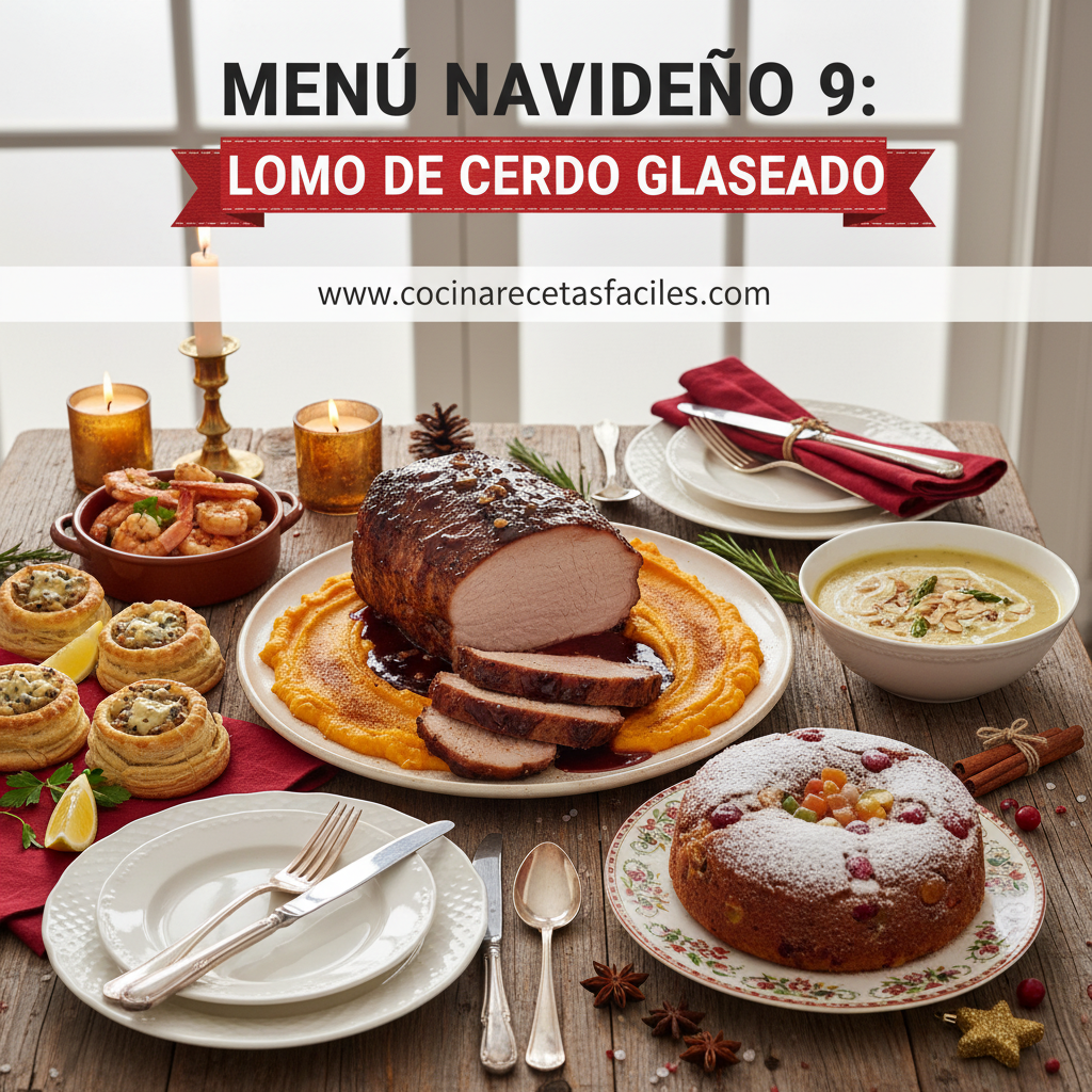 Menú navideño completo sobre mesa de madera: aperitivos de camarones al ajillo y volovanes rellenos de champiñones y queso azul, crema de espárragos con almendras, lomo de cerdo glaseado en salsa de ciruelas con textura visible y puré de camote con canela, y bizcocho de frutas navideño, con utensilios y decoración navideña, iluminado con luz natural.