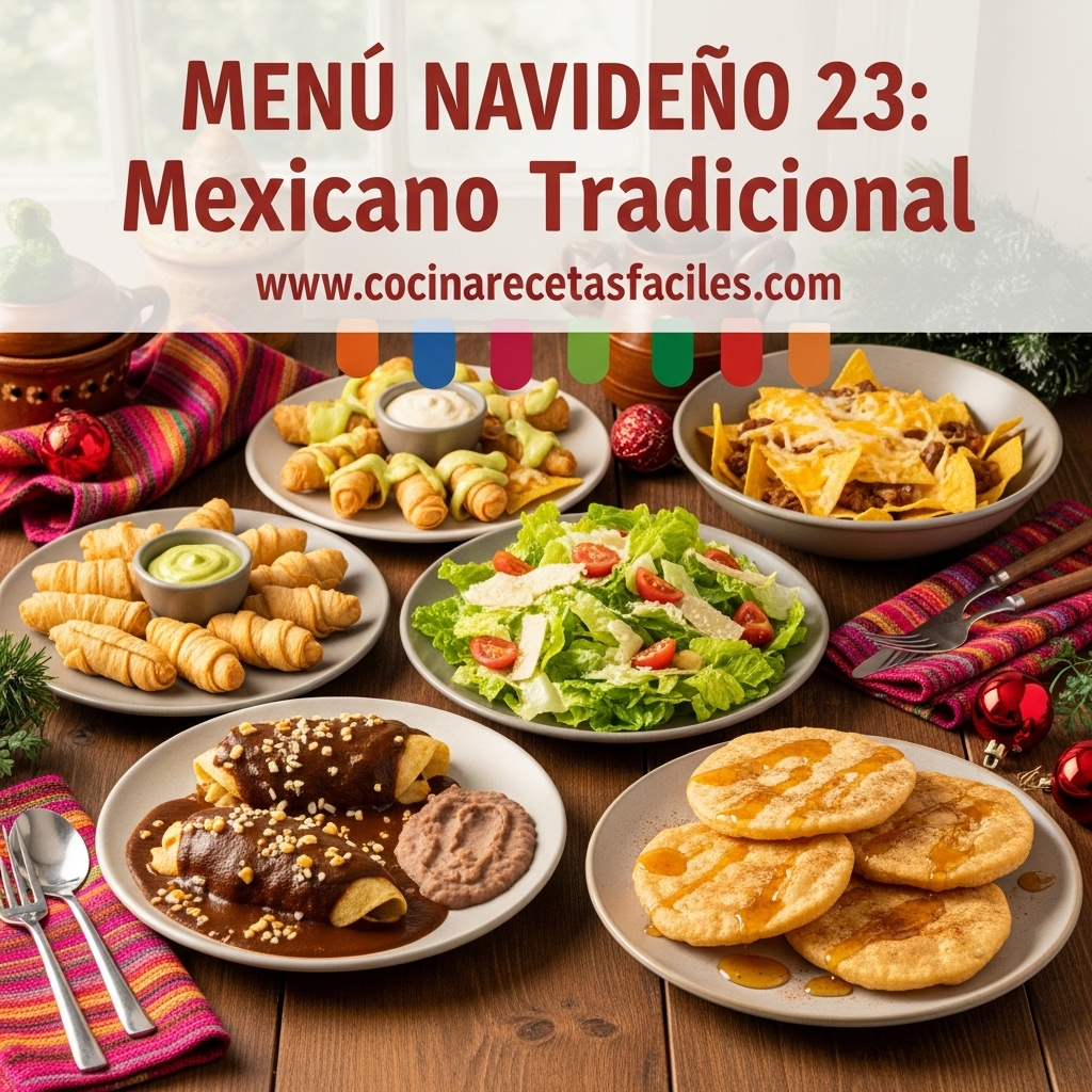 Imagen del Menú Navideño 23: Mexicano Tradicional, que incluye tequeños crujientes con salsa de aguacate, nachos con queso fundido, ensalada César con chipotle, romeritos con mole aromático y frijoles refritos, y buñuelos mexicanos artesanales, dorados y crujientes con piloncillo y canela