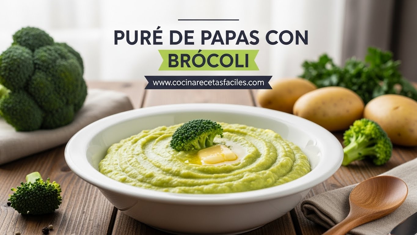 Puré de papas con brócoli cremoso servido en plato blanco sobre mesa de madera con floretes de brócoli fresco y papas al fondo