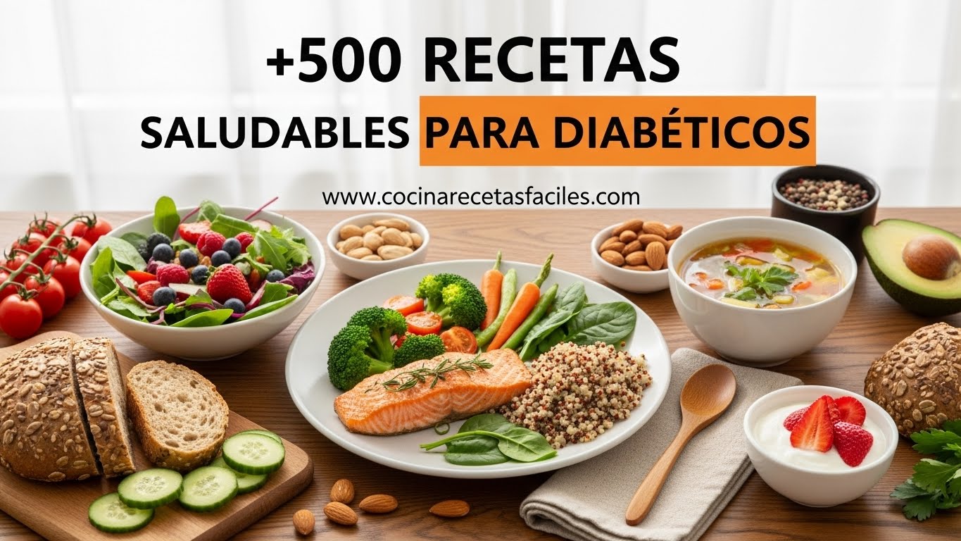 Mesa con variedad de recetas saludables para diabéticos incluyendo salmón al horno, ensalada fresca, pan integral, sopa de verduras y yogurt con fresas, rodeada de ingredientes naturales