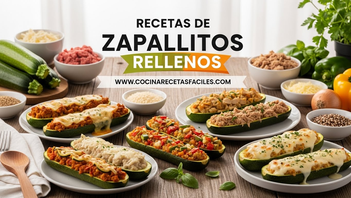 Variedad de zapallitos rellenos con diferentes rellenos de carne, pollo, atún y vegetarianos sobre mesa de madera con ingredientes frescos