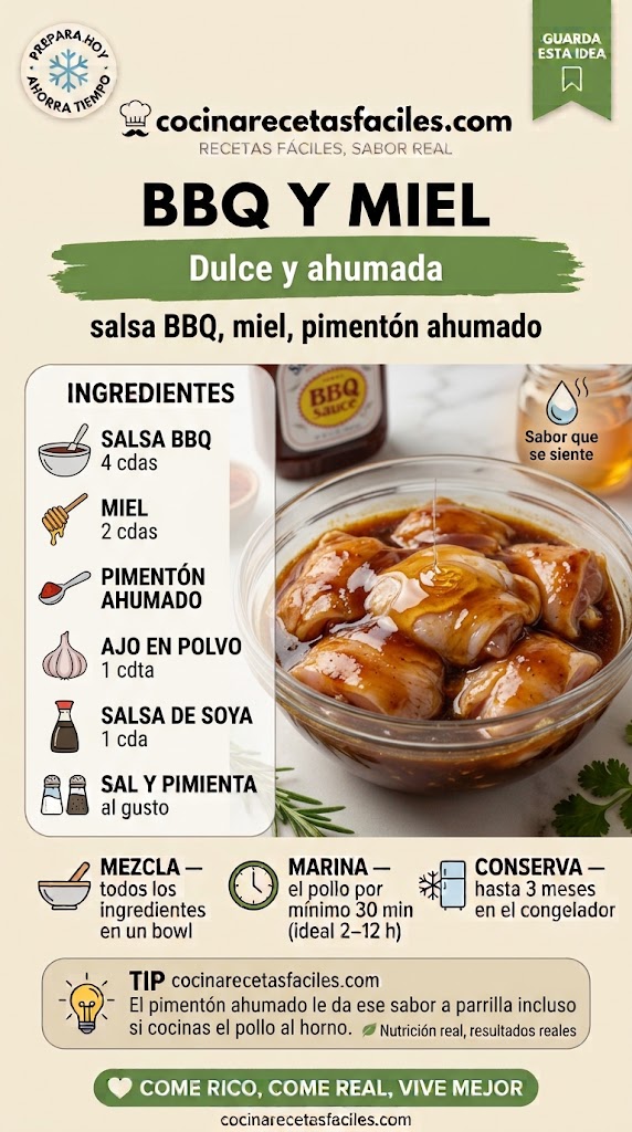 Pollo crudo glaseado con marinada de salsa BBQ, miel y pimentón ahumado