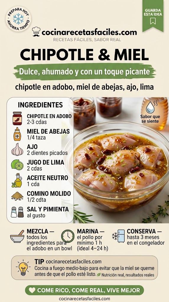 Pollo crudo marinando en chipotle en adobo, miel, lima y comino