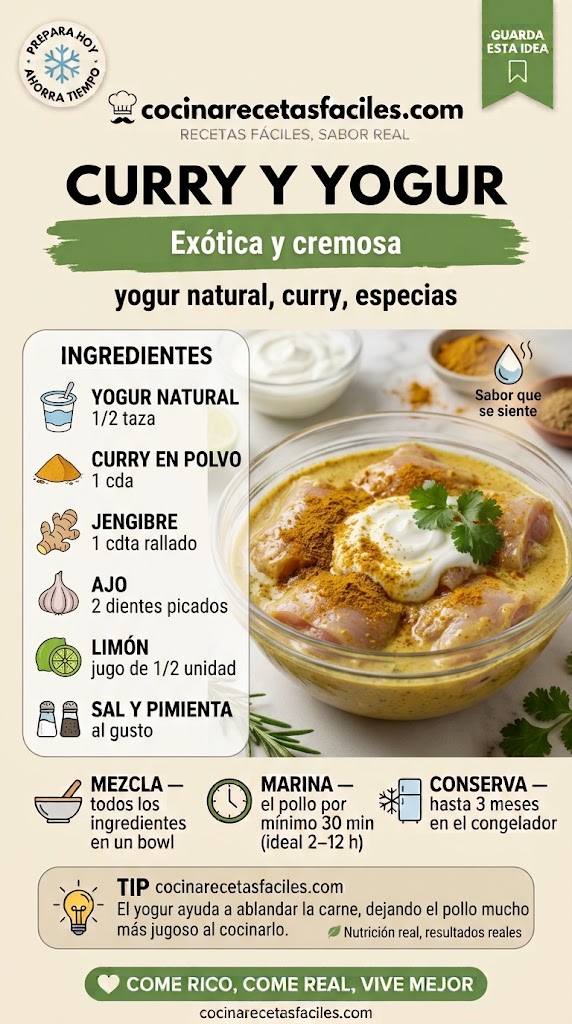 Pollo crudo cubierto con marinada cremosa de yogur natural, curry en polvo y jengibre