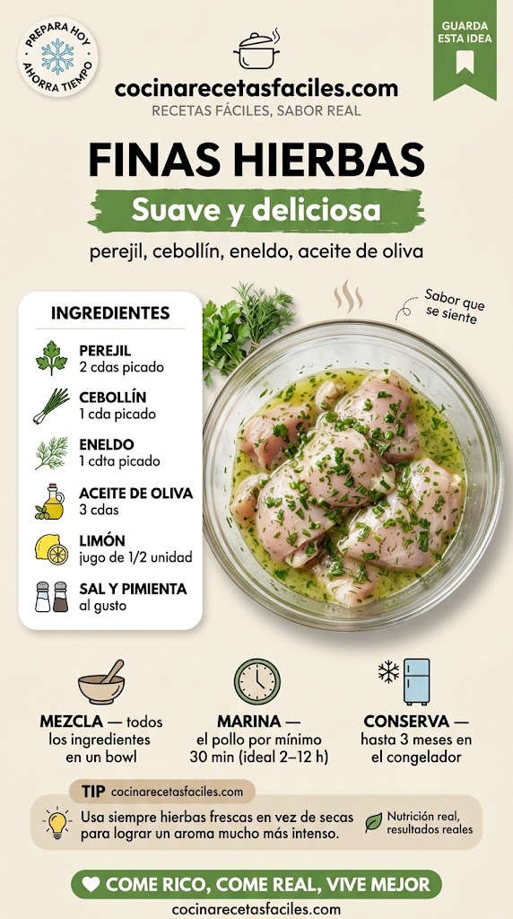 Pollo crudo cubierto con marinada de perejil, cebollín, eneldo y aceite de oliva