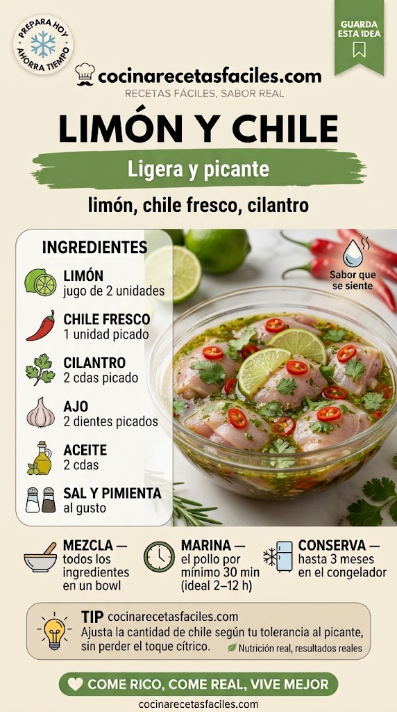 Pollo crudo marinando en jugo de limón, chile fresco picado y cilantro