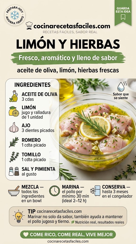 Pollo crudo marinando en limón, aceite de oliva, ajo, romero y tomillo frescos